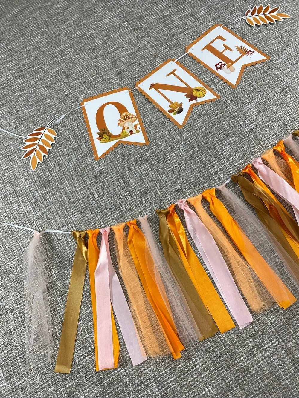 ONE Banner birthday Orange Ribbon Tassel Garland - Party Decoration nature fall